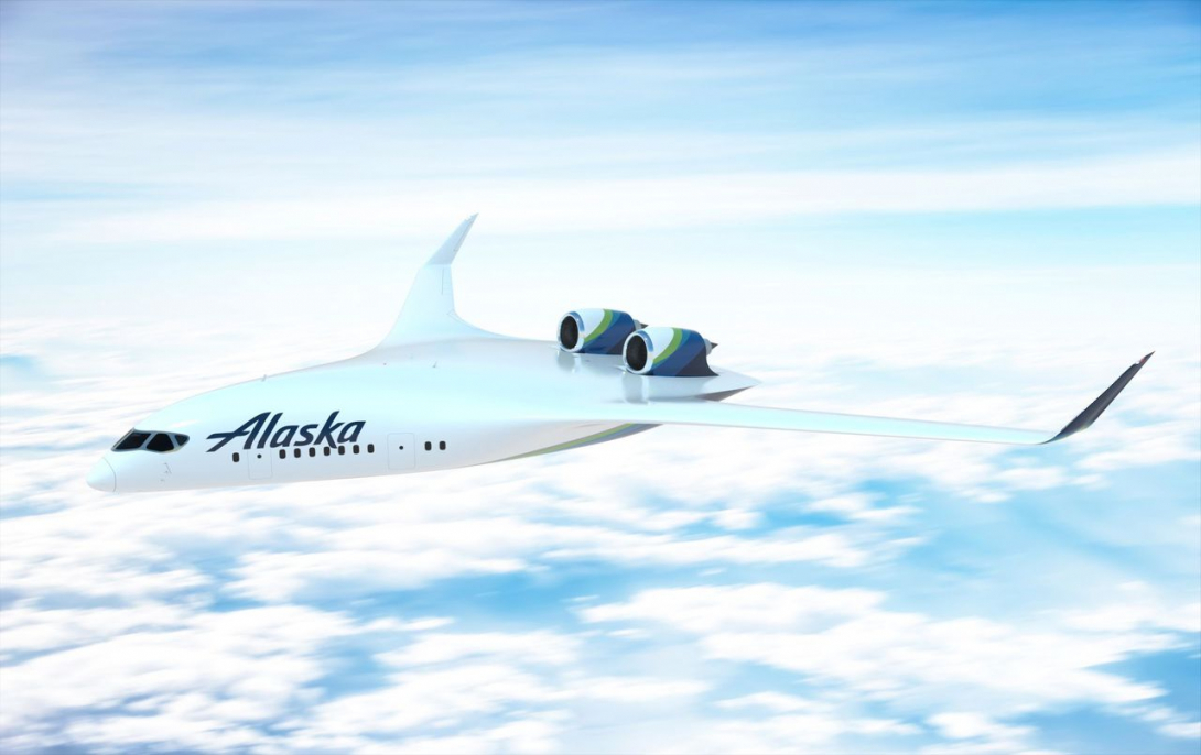 Rendering of a blended wing Alaska Airlines aircraft